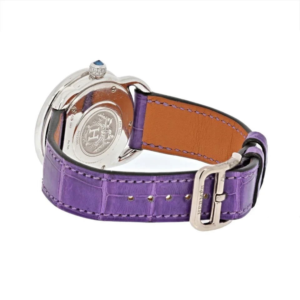 Hermes 18K White Gold AR6.592 32mm Diamond Arceau Purple Alligator