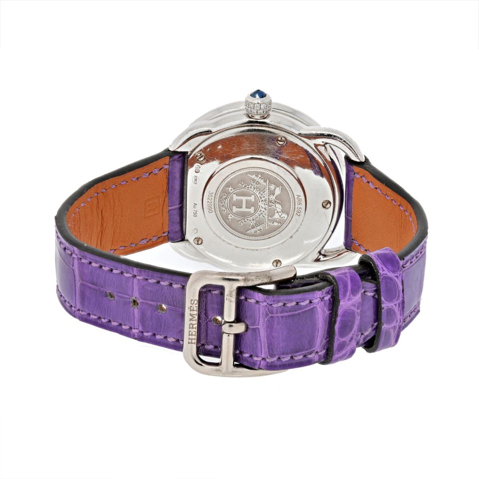 Hermes 18K White Gold AR6.592 32mm Diamond Arceau Purple Alligator Watch - The Back Vault