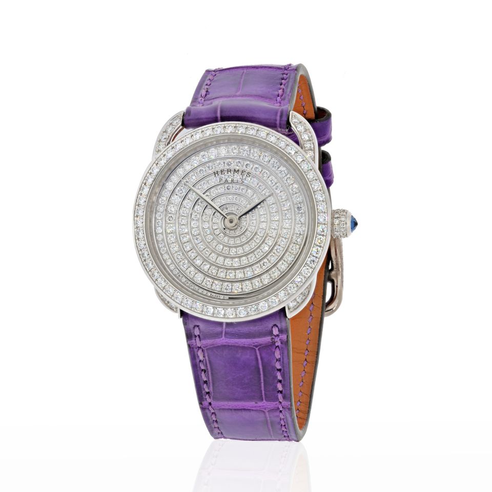 Hermes 18K White Gold AR6.592 32mm Diamond Arceau Purple Alligator Watch - The Back Vault