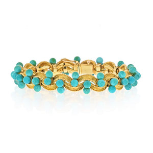 18K Yellow Gold One Line Beaded Turquoise Twisted Bracelet