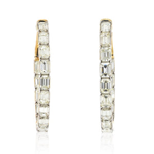 14K Yellow Gold Emerald Cut Diamond Hoop 1.1 inch Earrings