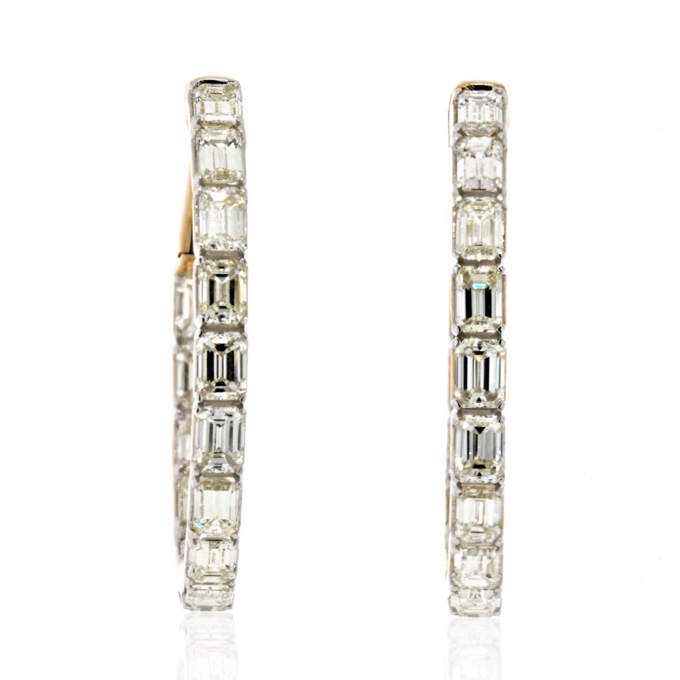 14K Yellow Gold Emerald Cut Diamond Hoop Earrings - The Back Vault