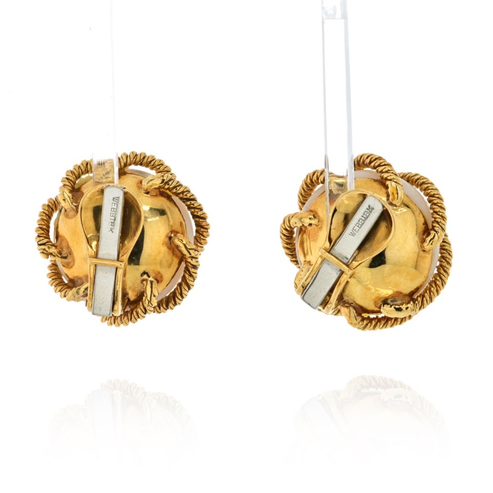 David Webb 18K Yellow Gold 1970's Angel Skin Coral Twisted Rope Round Button Earrings - The Back Vault