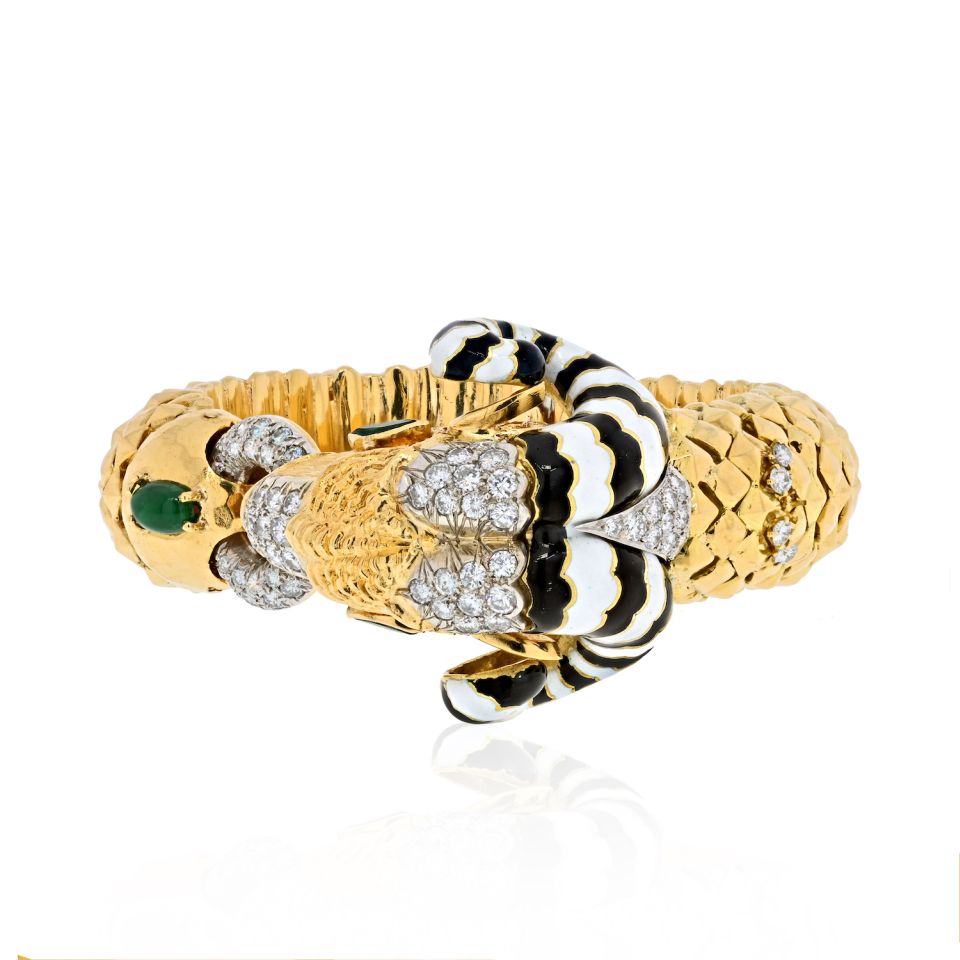 18K Yellow Gold Ram With White And Black Enamel Horns Bracelet - The Back Vault