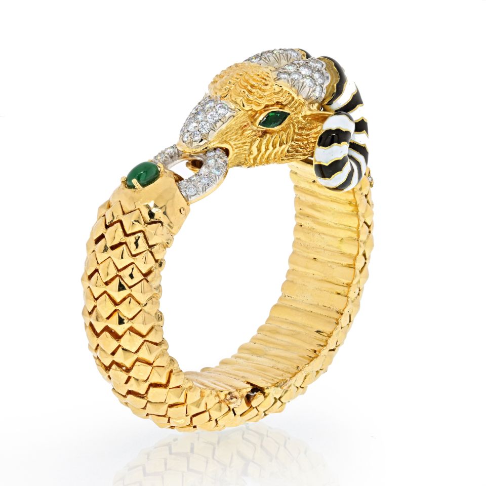 18K Yellow Gold Ram With White And Black Enamel Horns Bracelet - The Back Vault