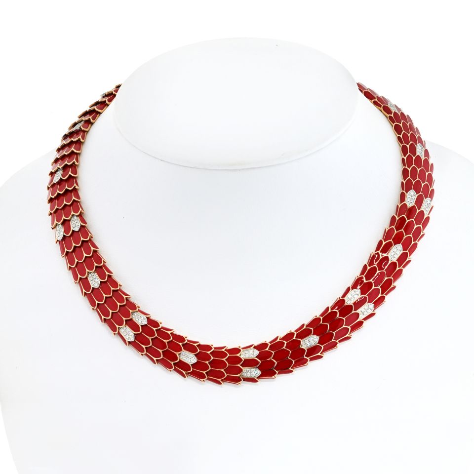 Roberto Coin 18K Rose Gold Red Enamel Diamond Necklace - The Back Vault