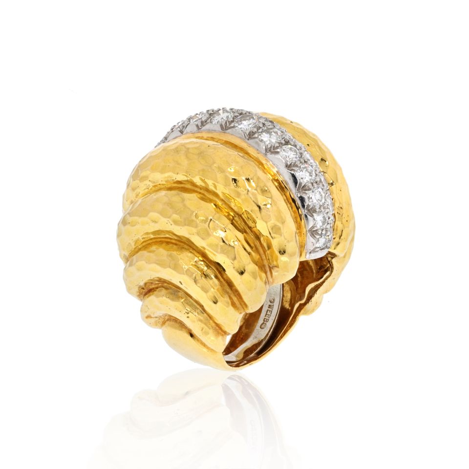 David Webb Platinum & 18K Yellow Gold Large Dome Hammered Statement Ring - The Back Vault