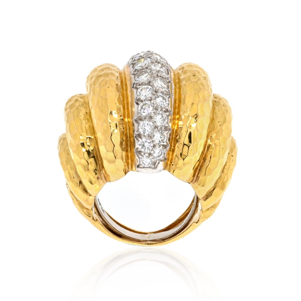 David Webb Platinum & 18K Yellow Gold Large Dome Hammered Statement Ring - The Back Vault