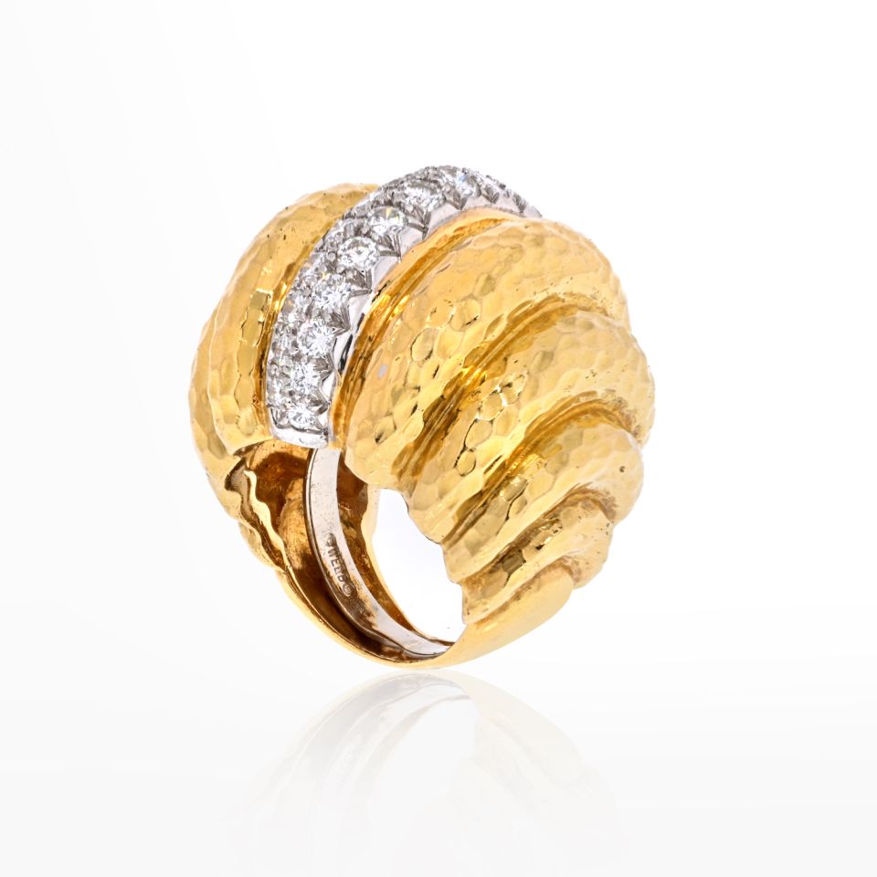 David Webb Platinum & 18K Yellow Gold Large Dome Hammered Statement Ring - The Back Vault