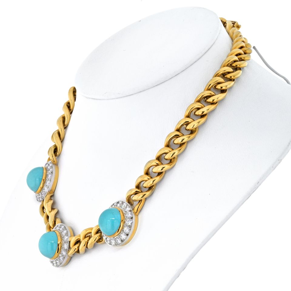 18K Yellow Gold Three Station Turquoise And Diamond Necklace - The Back Vault