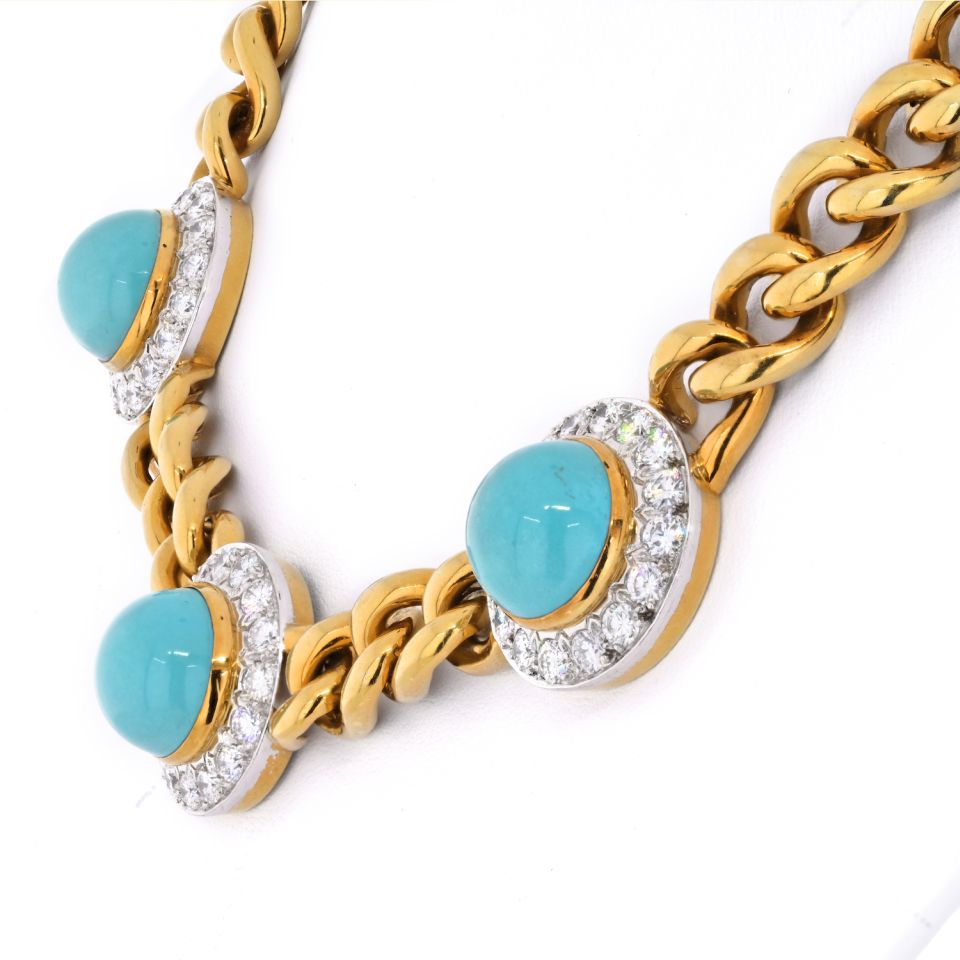 18K Yellow Gold Three Station Turquoise And Diamond Necklace - The Back Vault