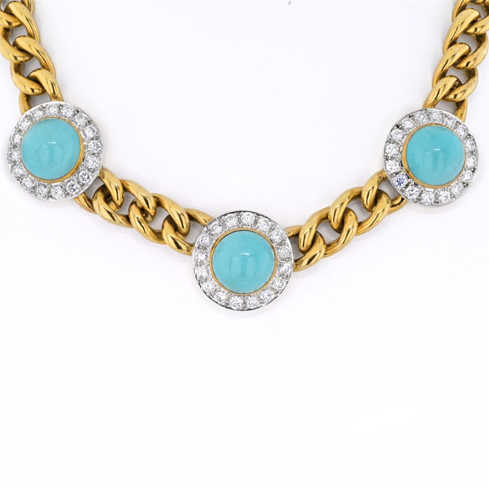 18K Yellow Gold Three Station Turquoise And Diamond Necklace - The Back Vault