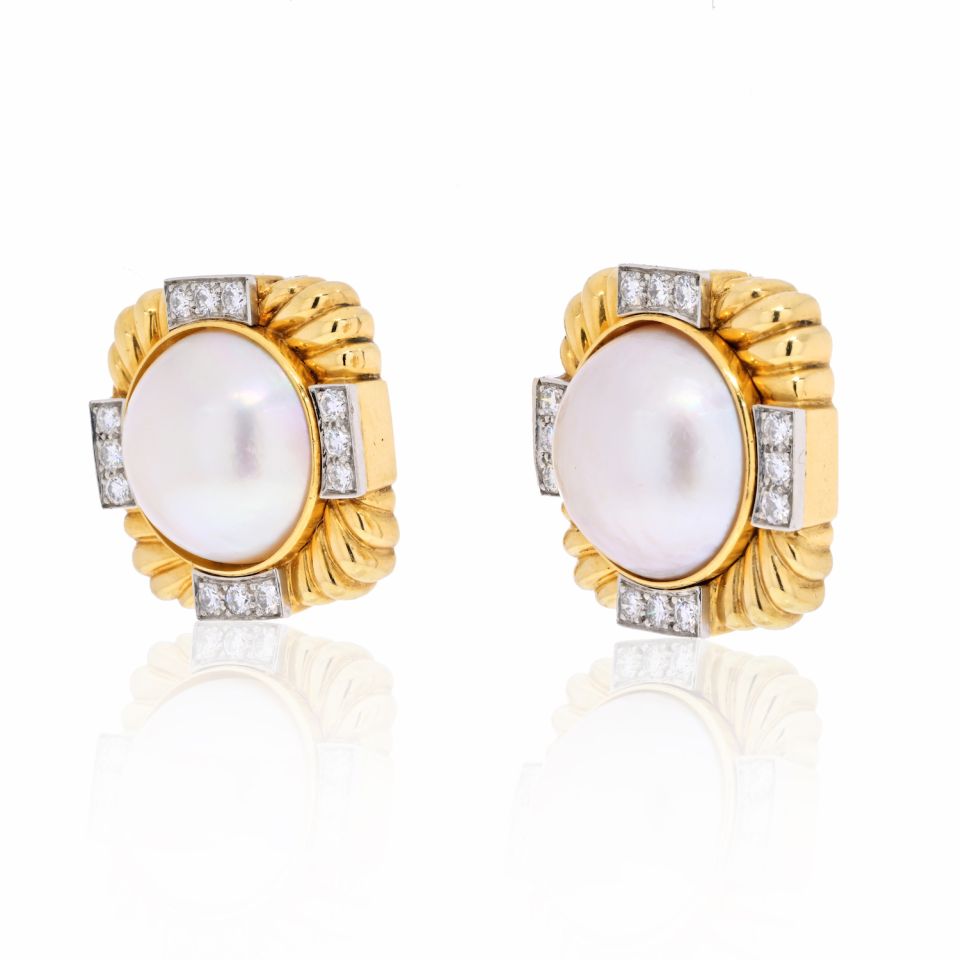 David Webb Platinum & 18K Yellow Gold Fluted Diamond And Pearl Clip-On Earrings - The Back Vault