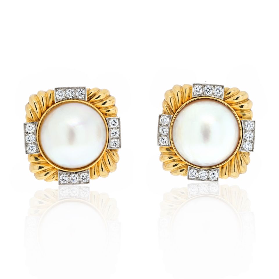 David Webb Platinum & 18K Yellow Gold Fluted Diamond And Pearl Clip-On Earrings - The Back Vault