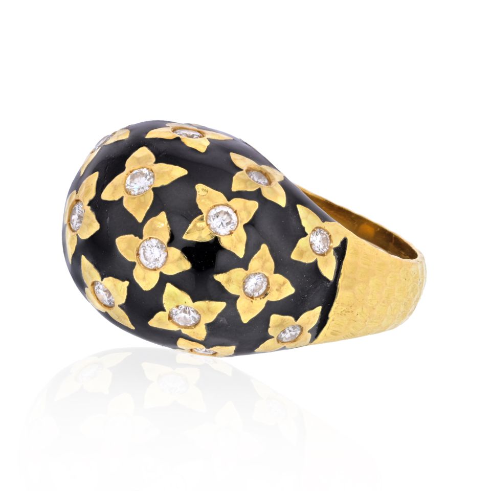 David Webb Platinum & 18K Yellow Gold Black Enamel And Diamond Ring - The Back Vault