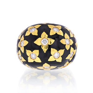 David Webb Platinum & 18K Yellow Gold Black Enamel And Diamond Ring