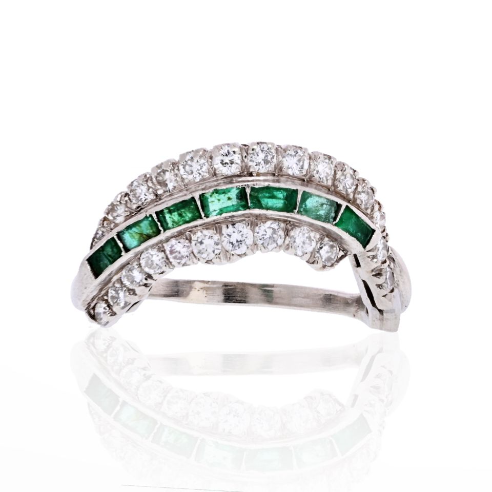 Platinum Deco Diamond And Emerald Ring Ring - The Back Vault