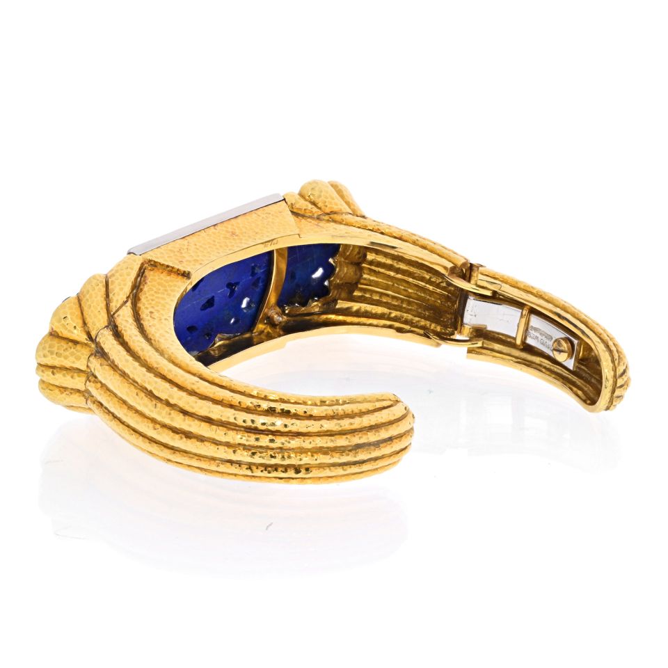 David Webb Platinum & 18K Yellow Gold Carved Lapis Cuff Diamond Bracelet - The Back Vault