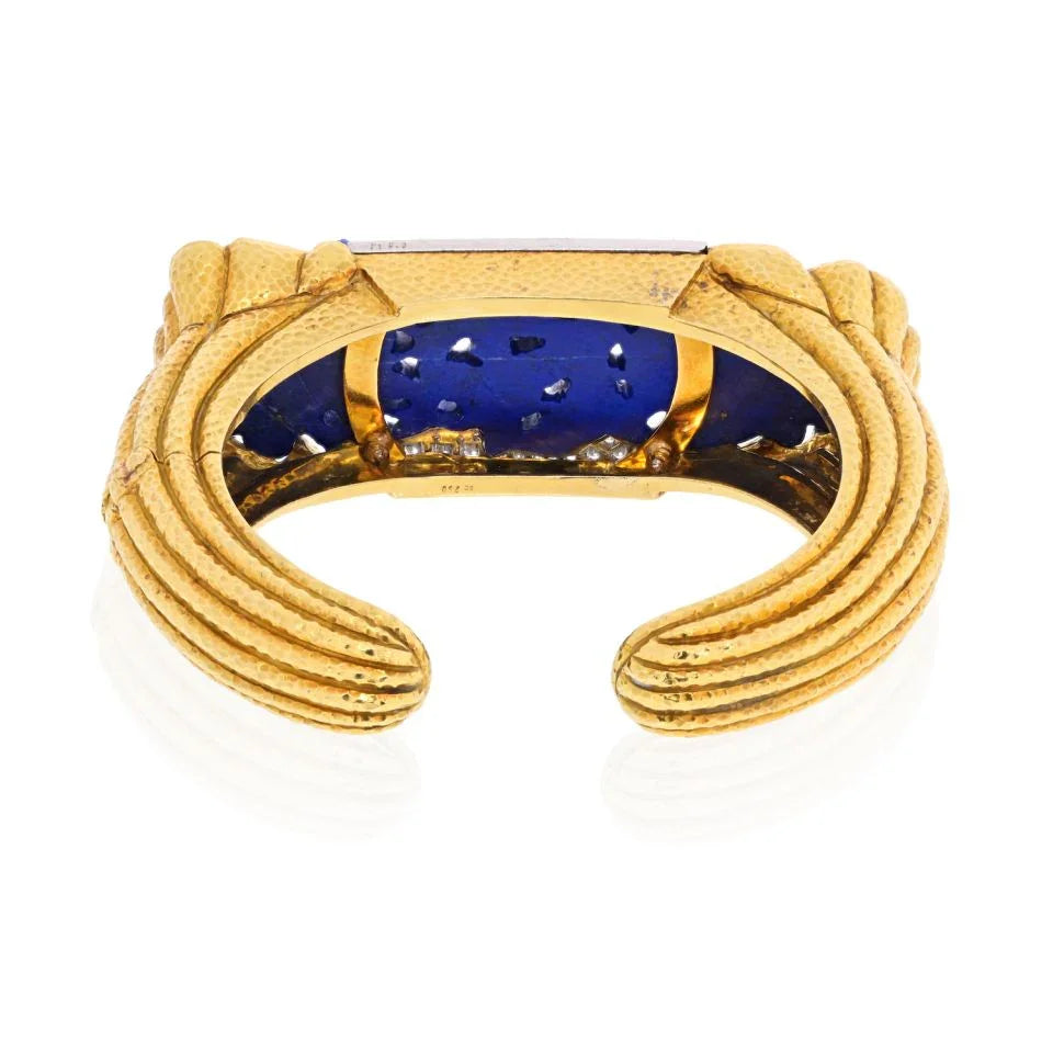 David Webb Platinum & 18K Yellow Gold Carved Lapis Cuff Diamond