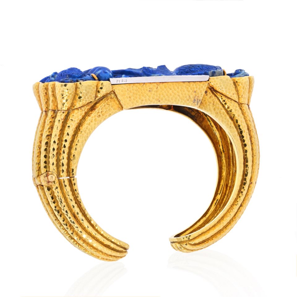 David Webb Platinum & 18K Yellow Gold Carved Lapis Cuff Diamond Bracelet - The Back Vault