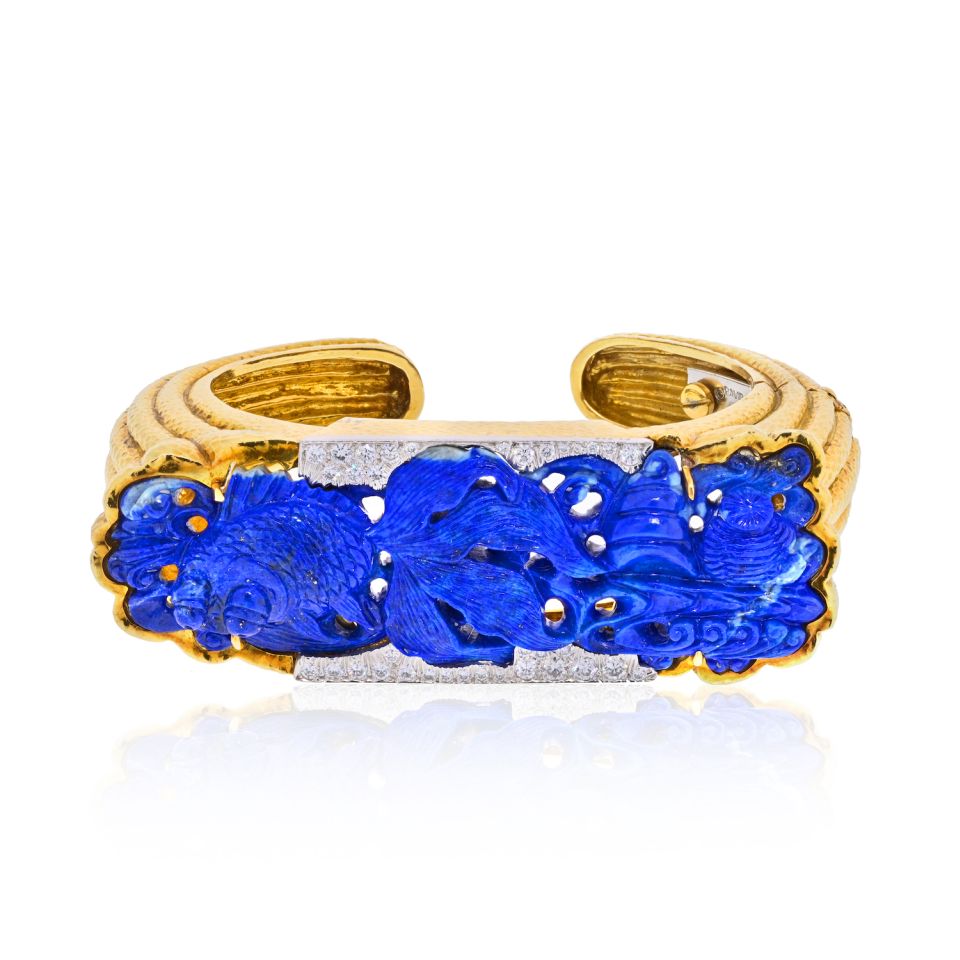 David Webb Platinum & 18K Yellow Gold Carved Lapis Cuff Diamond Bracelet - The Back Vault