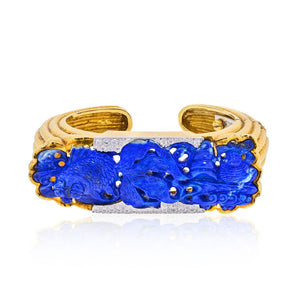 David Webb Platinum & 18K Yellow Gold Carved Lapis Cuff Diamond Bracelet