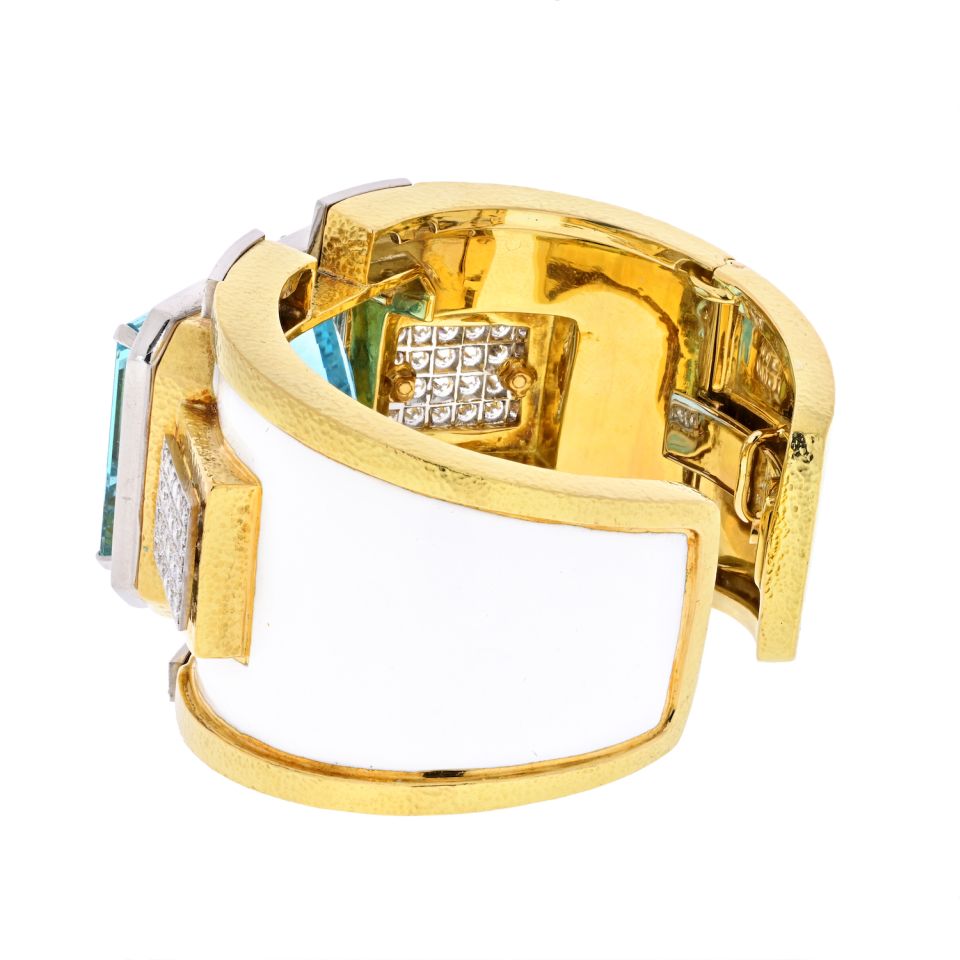 David Webb Platinum & 18K Yellow Gold White Enamel Aquamarine Diamond Bracelet - The Back Vault