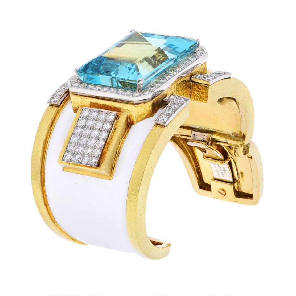 David Webb Platinum & 18K Yellow Gold White Enamel Aquamarine Diamond Bracelet - The Back Vault