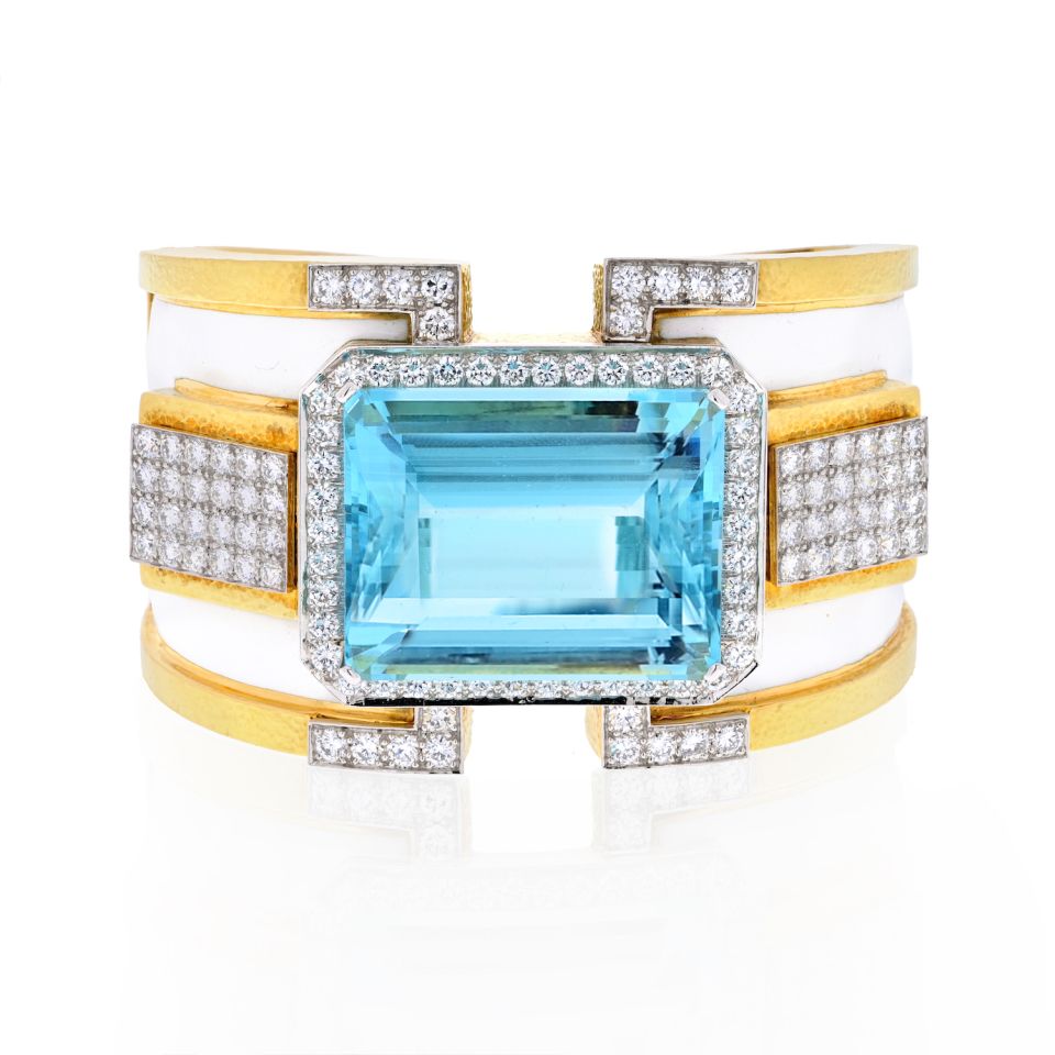 David Webb Platinum & 18K Yellow Gold White Enamel Aquamarine Diamond Bracelet - The Back Vault