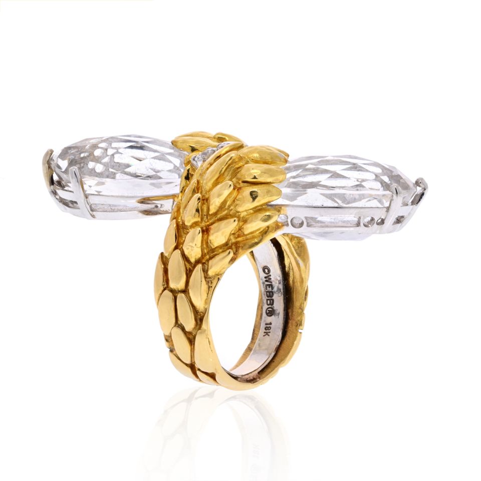 David Webb Platinum & 18K Yellow Gold Rock Crystal ByPass Ring - The Back Vault