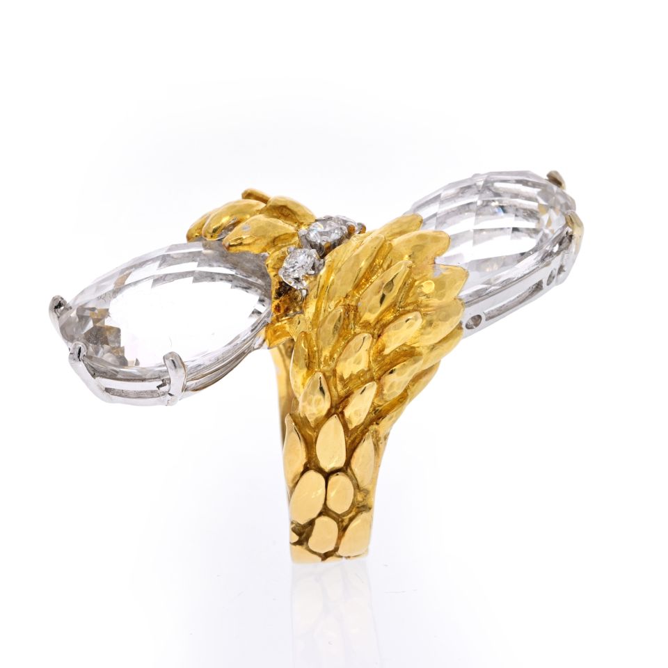 David Webb Platinum & 18K Yellow Gold Rock Crystal ByPass Ring - The Back Vault