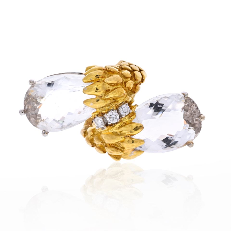 David Webb Platinum & 18K Yellow Gold Rock Crystal ByPass Ring - The Back Vault