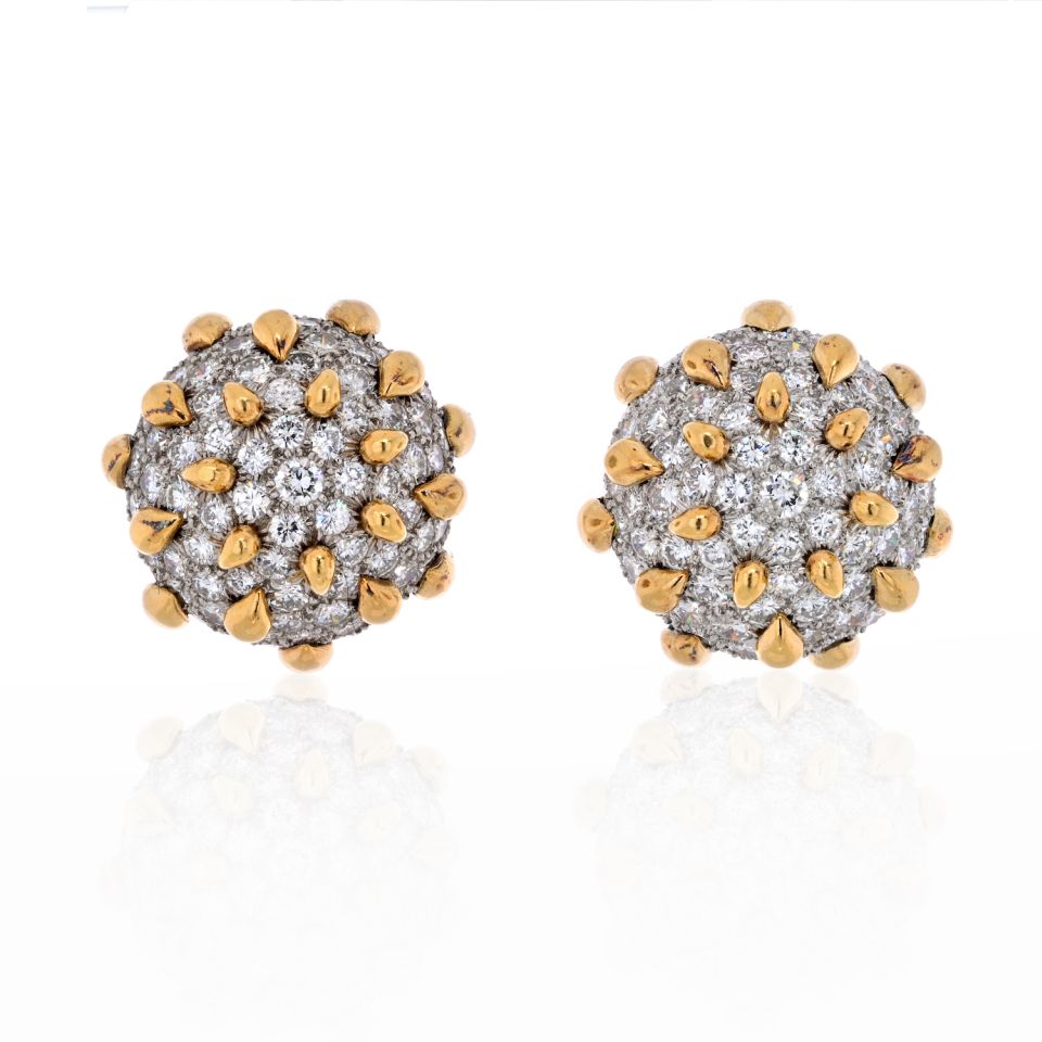 David Webb Platinum & 18K Yellow Gold 16 Carats Diamond Dome Clip Earrings - The Back Vault