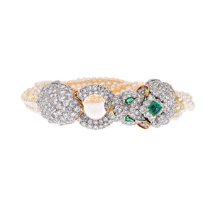 David Webb Elizabeth Taylor Pearl, Diamond, Emerald Multi Strand Lion Bracelet