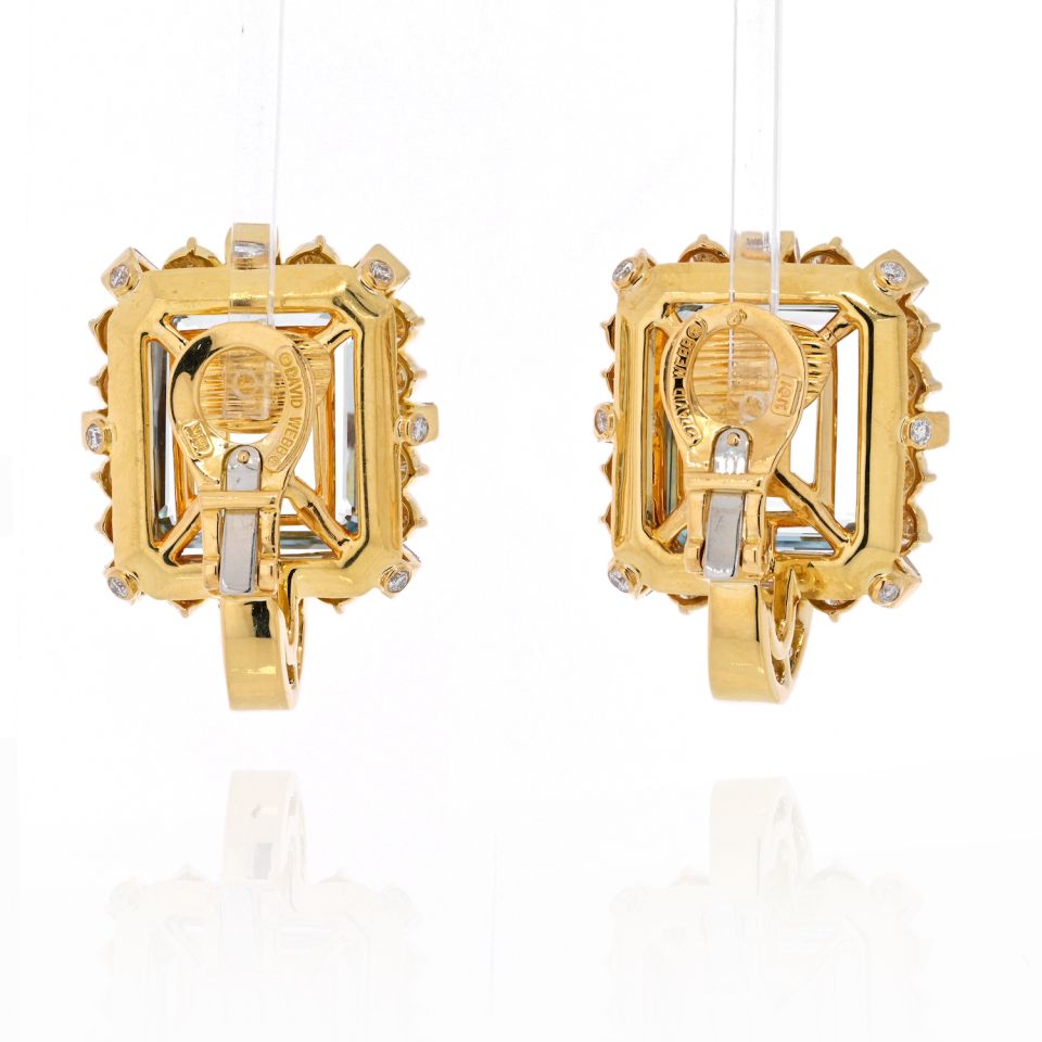 David Webb 18K Yellow Gold Diamond & Aquamarine Square Shaped Earrings - The Back Vault