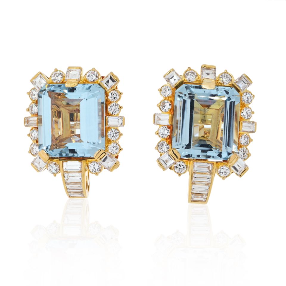 David Webb 18K Yellow Gold Diamond & Aquamarine Square Shaped Earrings - The Back Vault