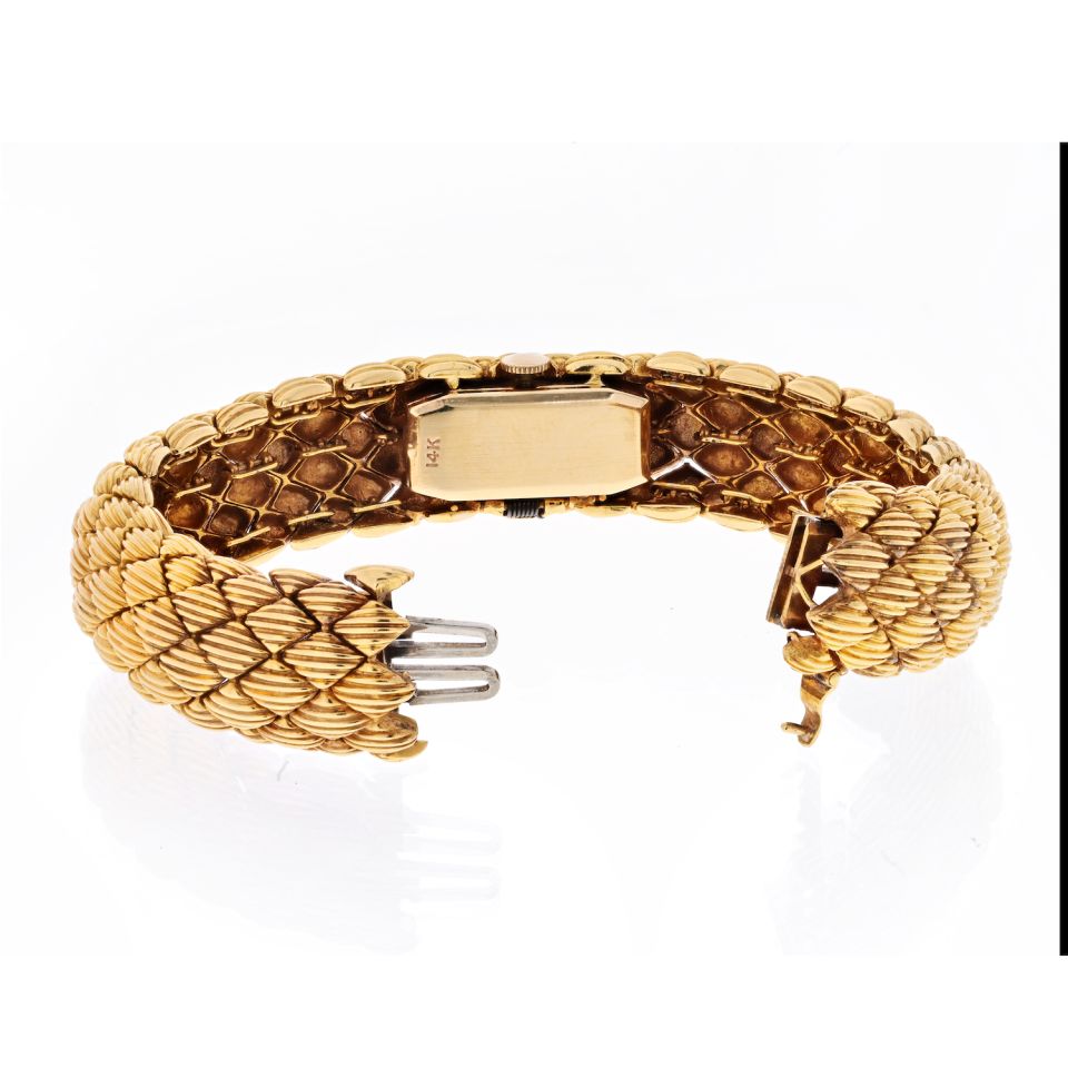 David Webb 18K Yellow Gold Woven Link Bracelet Hidden Cover Watch - The Back Vault