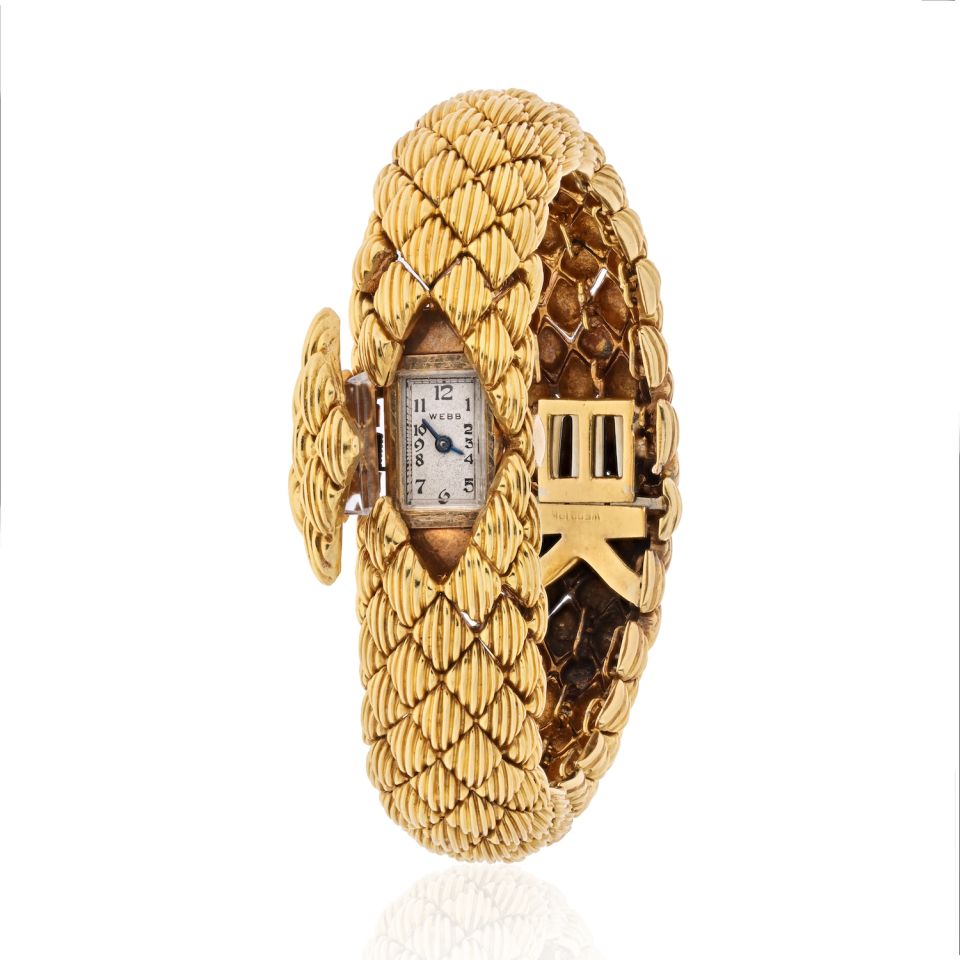 David Webb 18K Yellow Gold Woven Link Bracelet Hidden Cover Watch - The Back Vault