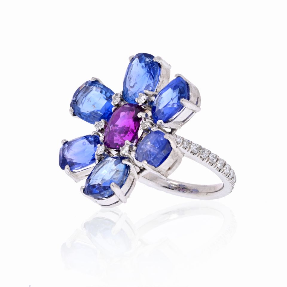 Platinum Ceylon Sapphire and Purple Flower Ring - The Back Vault