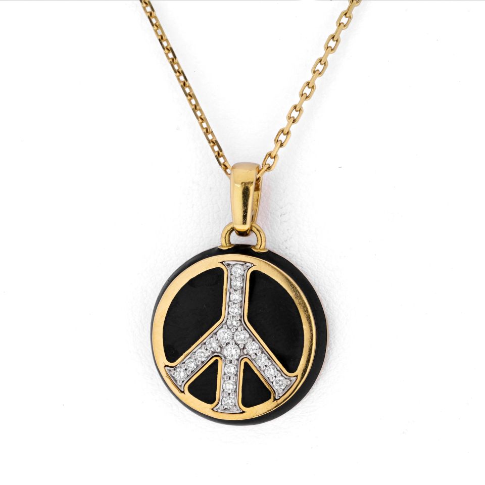 David Webb 18K Yellow Gold Peace Black Enamel And Diamonds Round Pendant Necklace - The Back Vault