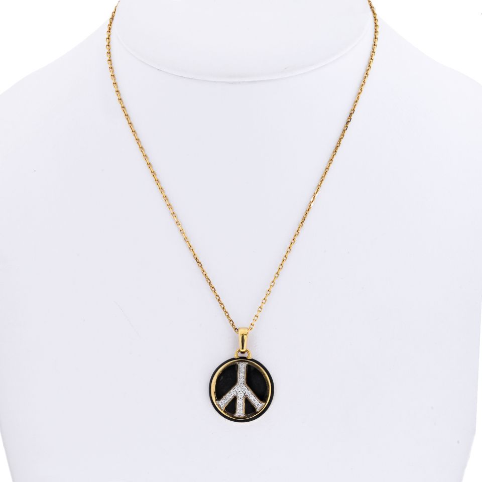 David Webb 18K Yellow Gold Peace Black Enamel And Diamonds Round Pendant Necklace - The Back Vault