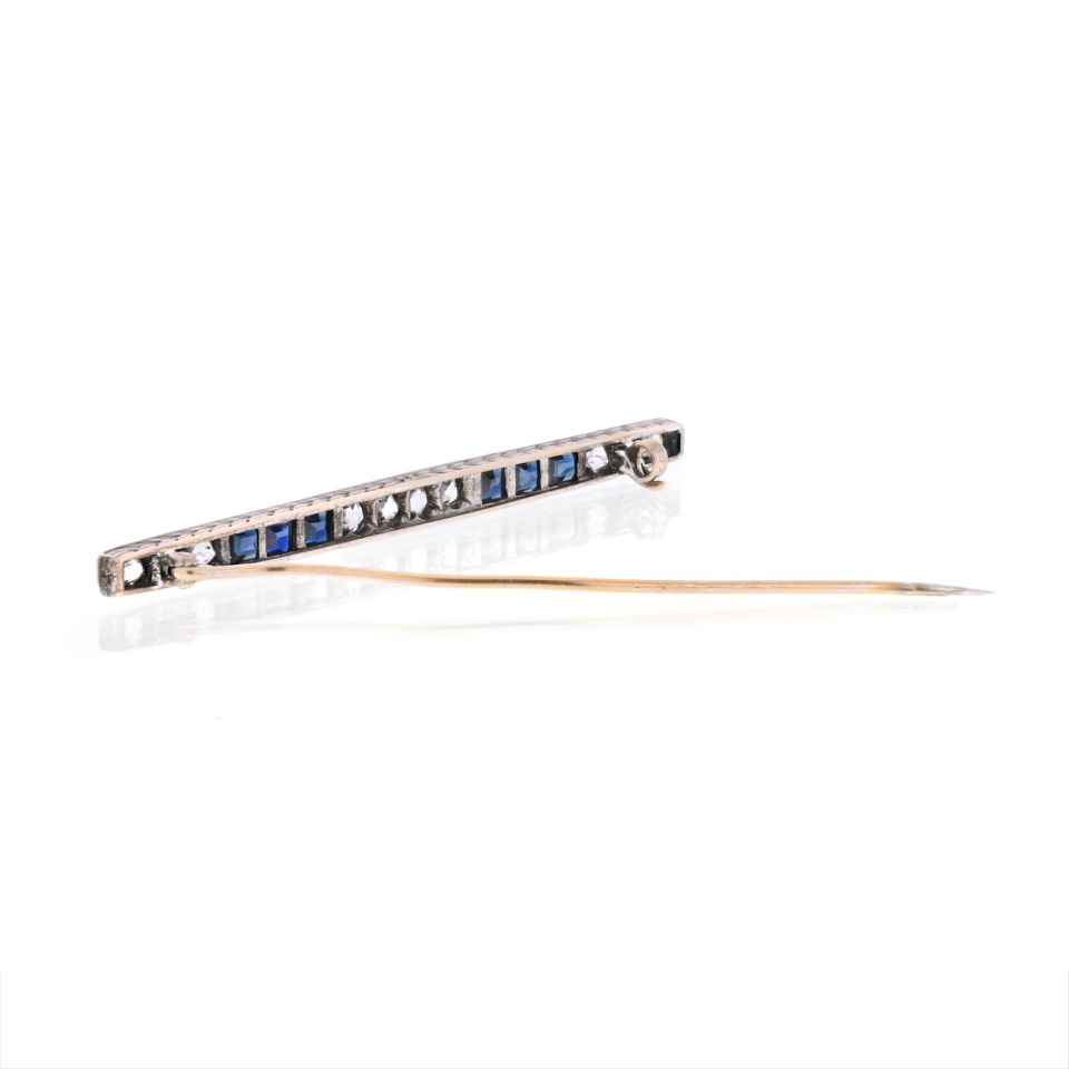 Platinum & 18K Yellow Gold Old Mine And Vintage Sapphire Diamond Bar Brooch - The Back Vault