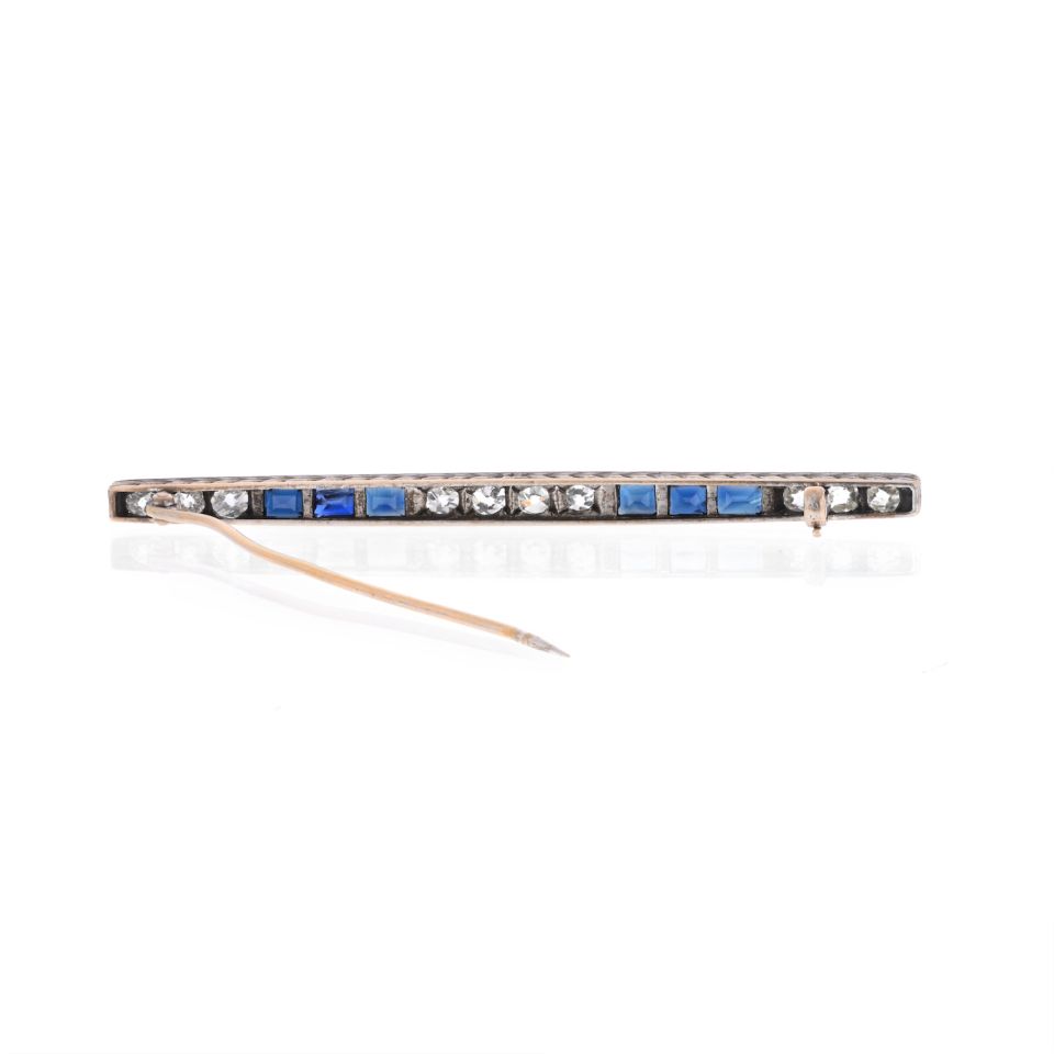 Platinum & 18K Yellow Gold Old Mine And Vintage Sapphire Diamond Bar Brooch - The Back Vault