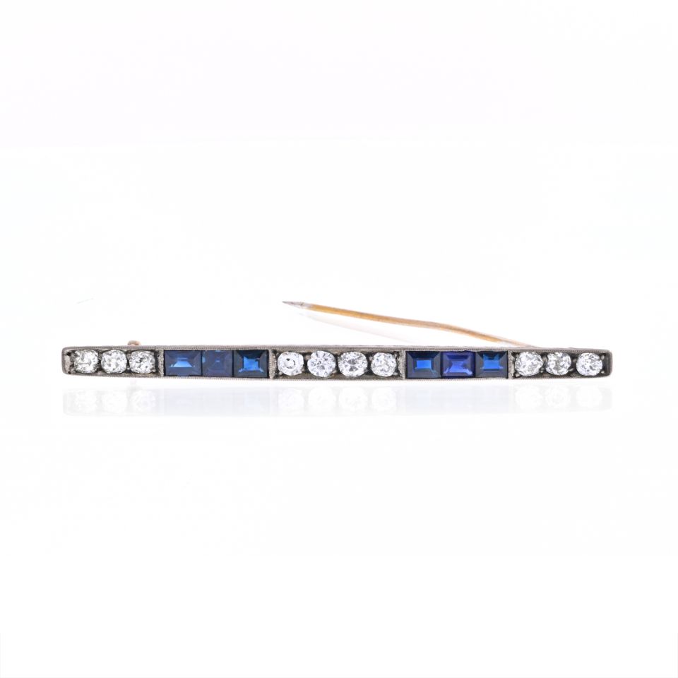 Platinum & 18K Yellow Gold Old Mine And Vintage Sapphire Diamond Bar Brooch - The Back Vault