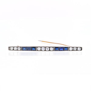 Platinum & 18K Yellow Gold Old Mine And Vintage Sapphire Diamond Bar Brooch