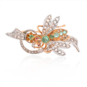 14K Rose Gold Old Cut Diamond And Green Emerald Fly Brooch