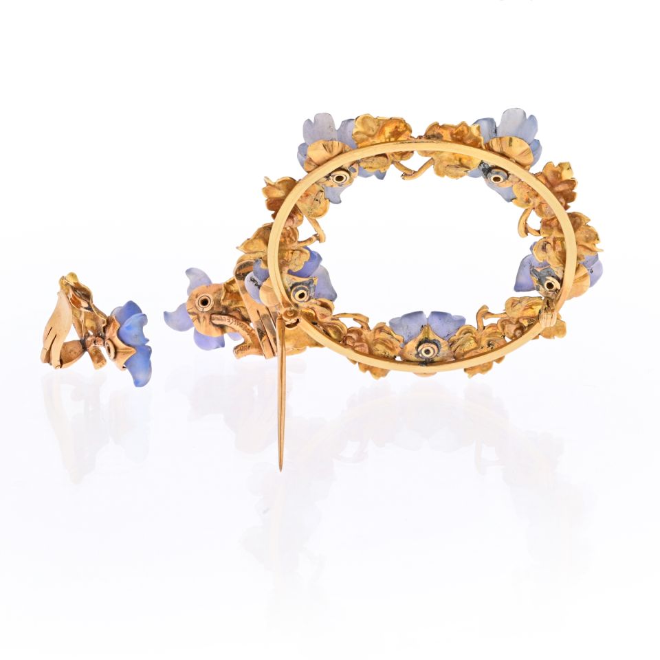 Buccellati 18K Yellow Gold Round Wreath Brooch And Flower Earrings Set - The Back Vault