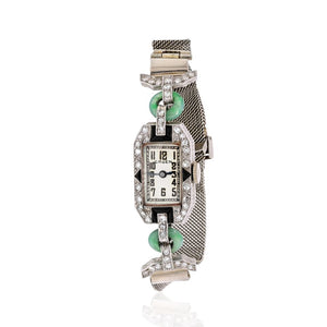 18K White Gold Art Deco Diamond And Jade Ladies Wrist Watch