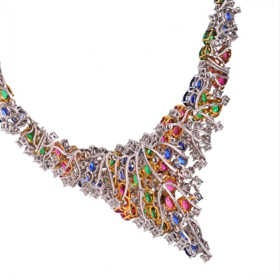 Estate Diamond, Cabochon Emeralds, Sapphires and Rubies 38 Carat Necklace - The Back Vault