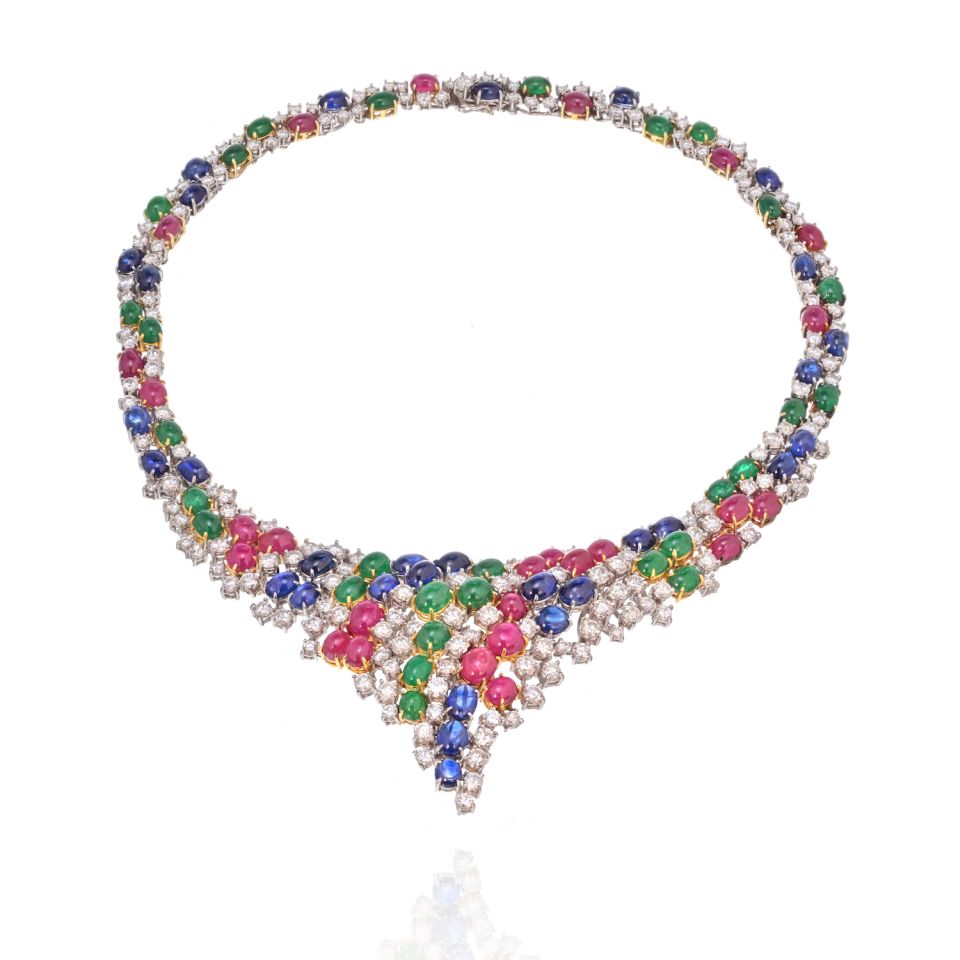 Estate Diamond, Cabochon Emeralds, Sapphires and Rubies 38 Carat Necklace - The Back Vault